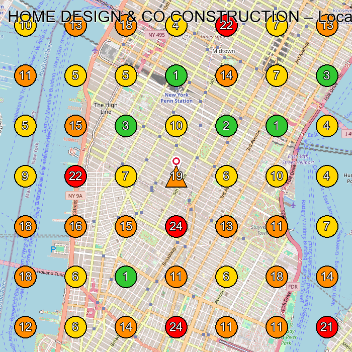 HOME DESIGN & CO CONSTRUCTION Kitchen Remodeler GeoGrid ranking map for Manhattan NY